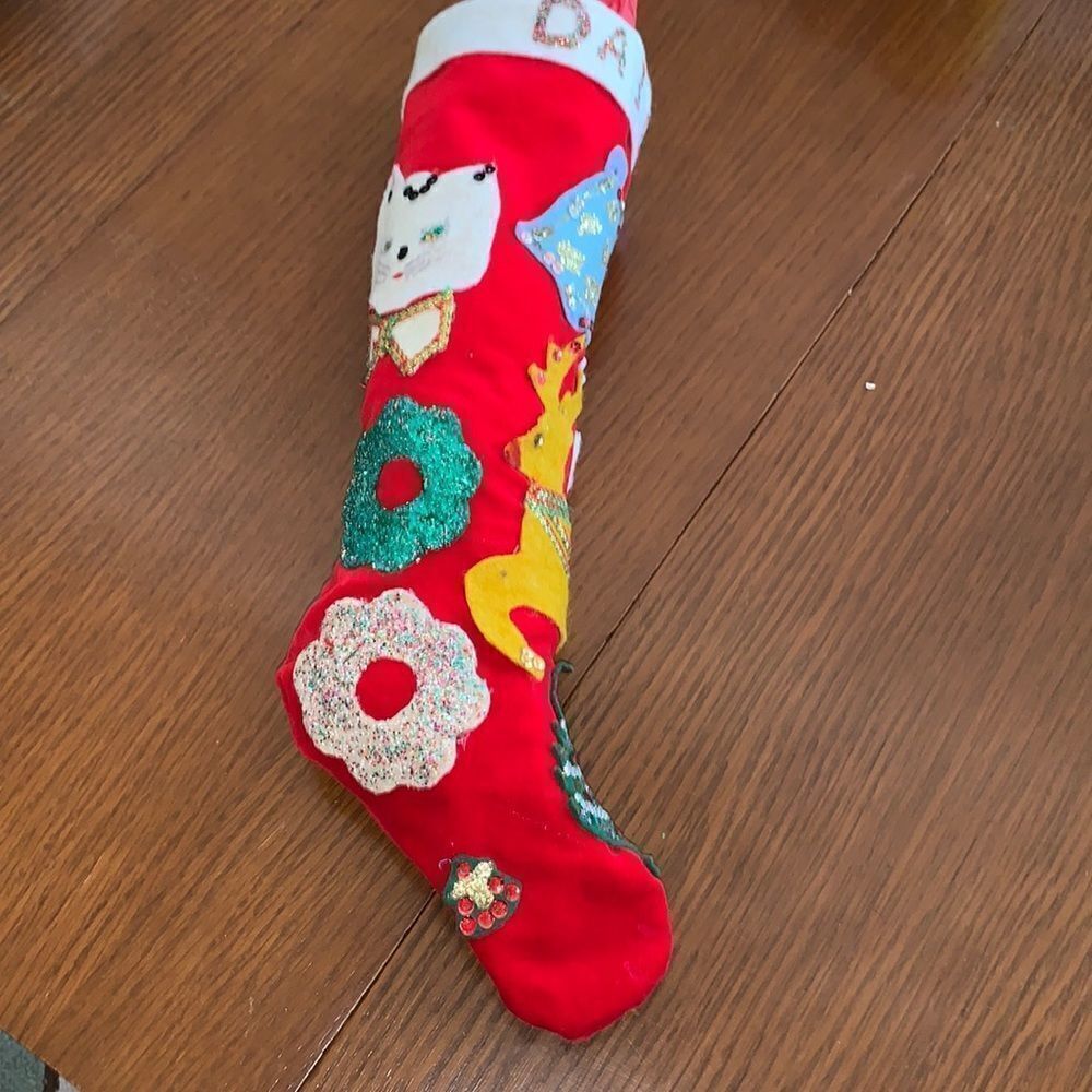 Vtg 60s large red velvet‎ hand decorated Christmas stocking